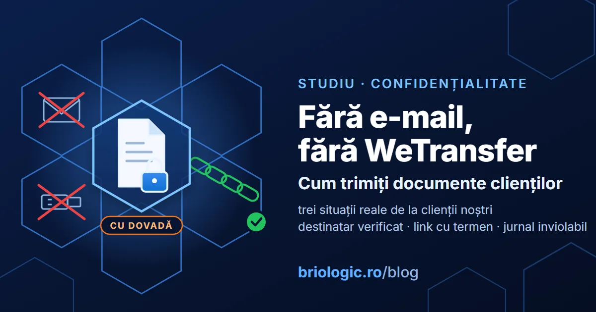 Document cu lacăt într-un hexagon, legat printr-un lanț verde de verigi, un plic și un stick USB tăiate cu roșu, și titlul Documente confidențiale, trimise cu dovadă