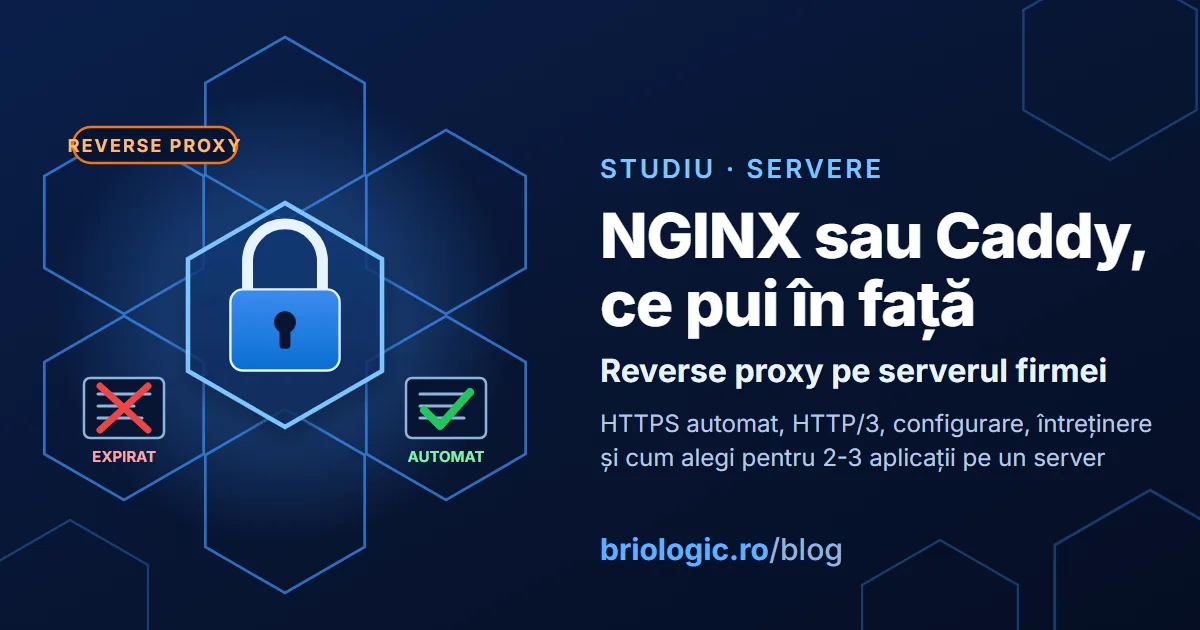 Lacăt într-un hexagon, cu un certificat expirat marcat cu roșu și o reînnoire automată bifată cu verde, eticheta REVERSE PROXY și titlul NGINX sau Caddy, ce pui în față